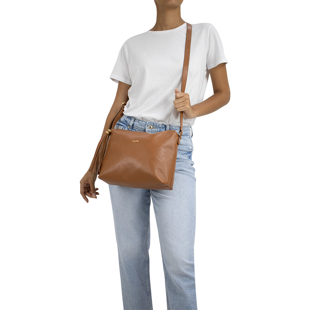 Bolsa Crossbody de Couro Liso - Nocciola