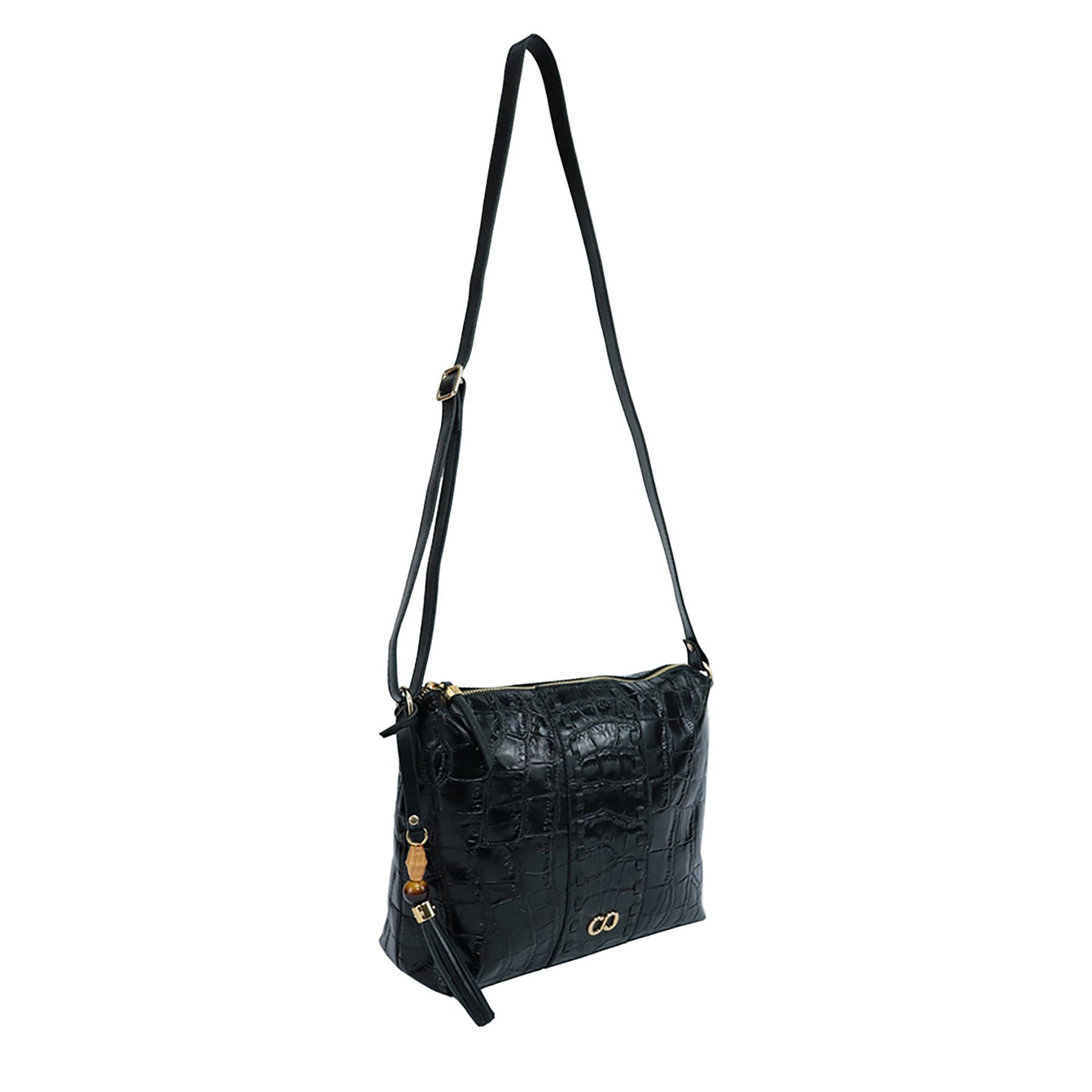 Bolsa Crossbody de Couro Croco - Preto