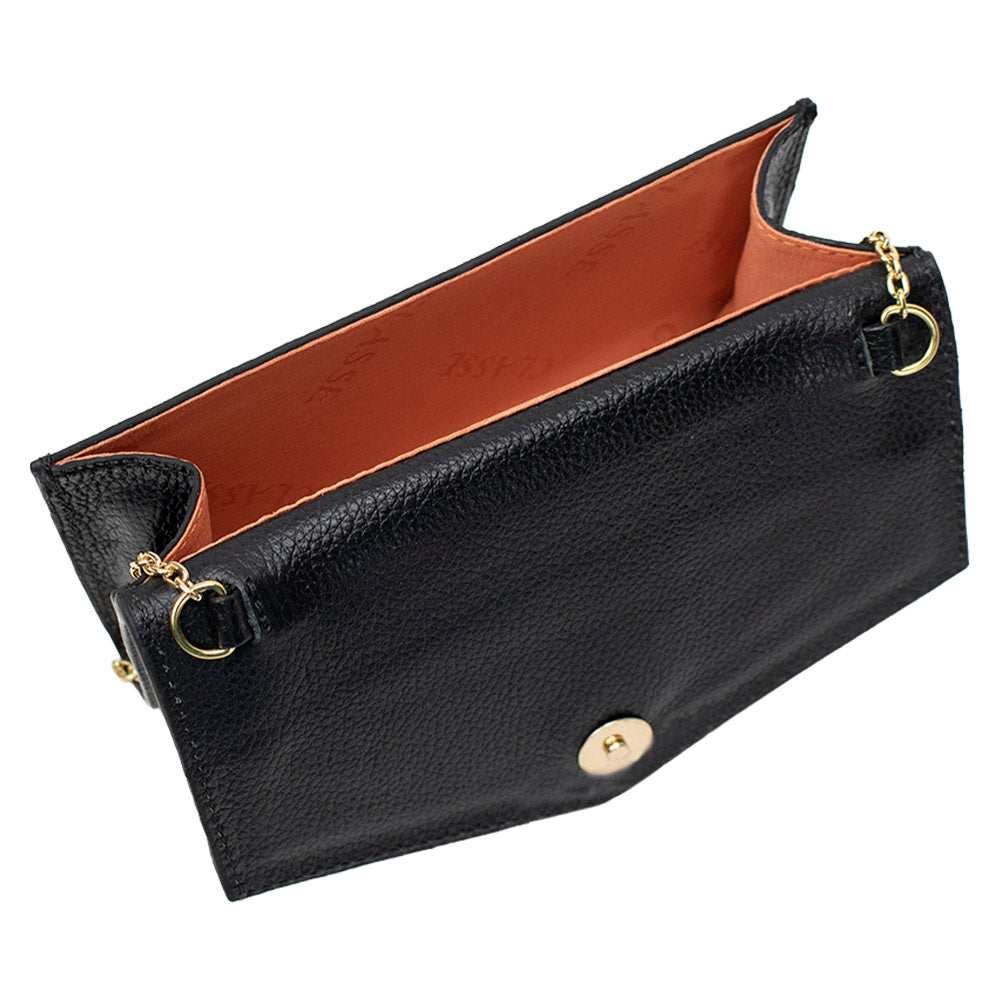 Bolsa Tiracolo de Couro Preta Gabi com corrente