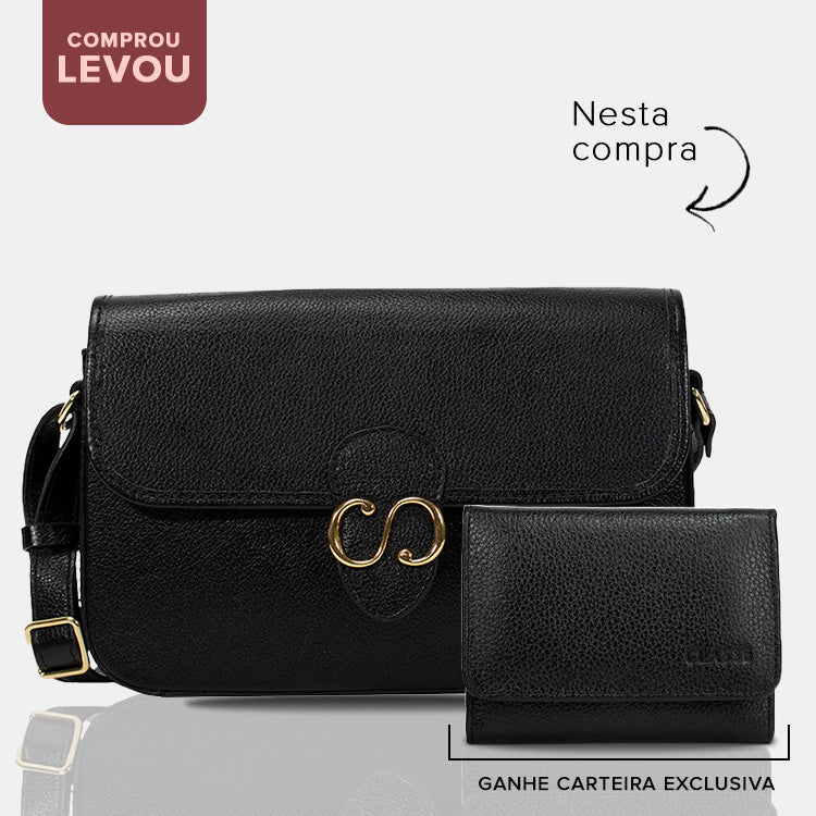 Combo: 01 Bolsa de Couro Tiracolo Emily - Preto + Carteira Exclusiva
