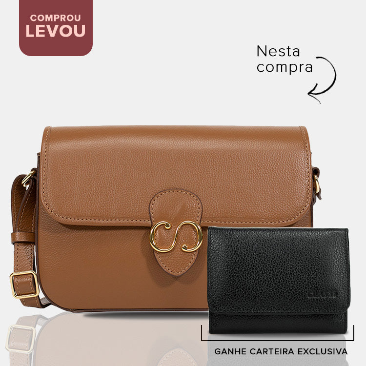 Combo: 01 Bolsa de Couro Tiracolo Emily - Nocciola + Carteira Exclusiva