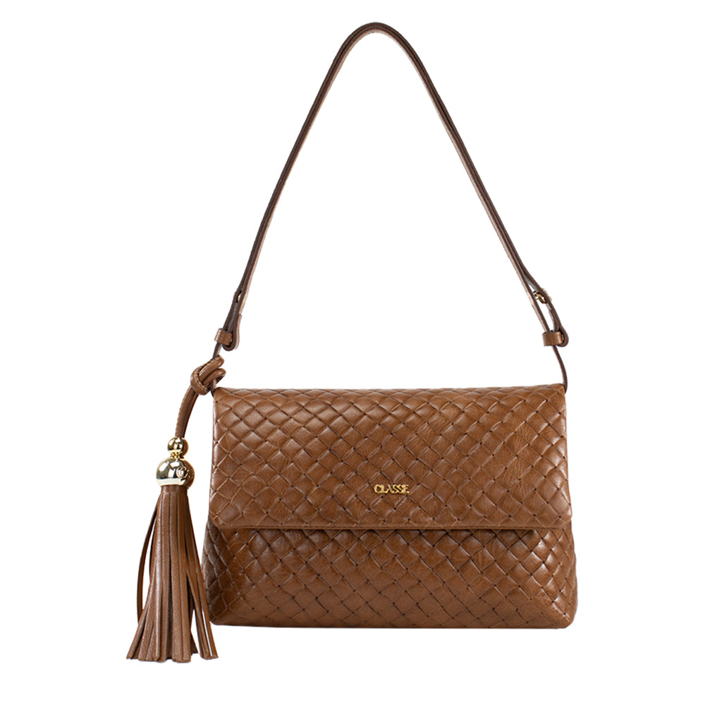 Bolsa de Couro Tressê Tiracolo Fendi - Tramado Nocciola