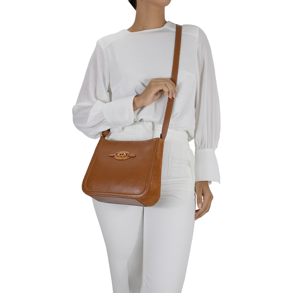 Bolsa de Couro Crossbody Isis Laterais em Camurça- Nocciola Camurça