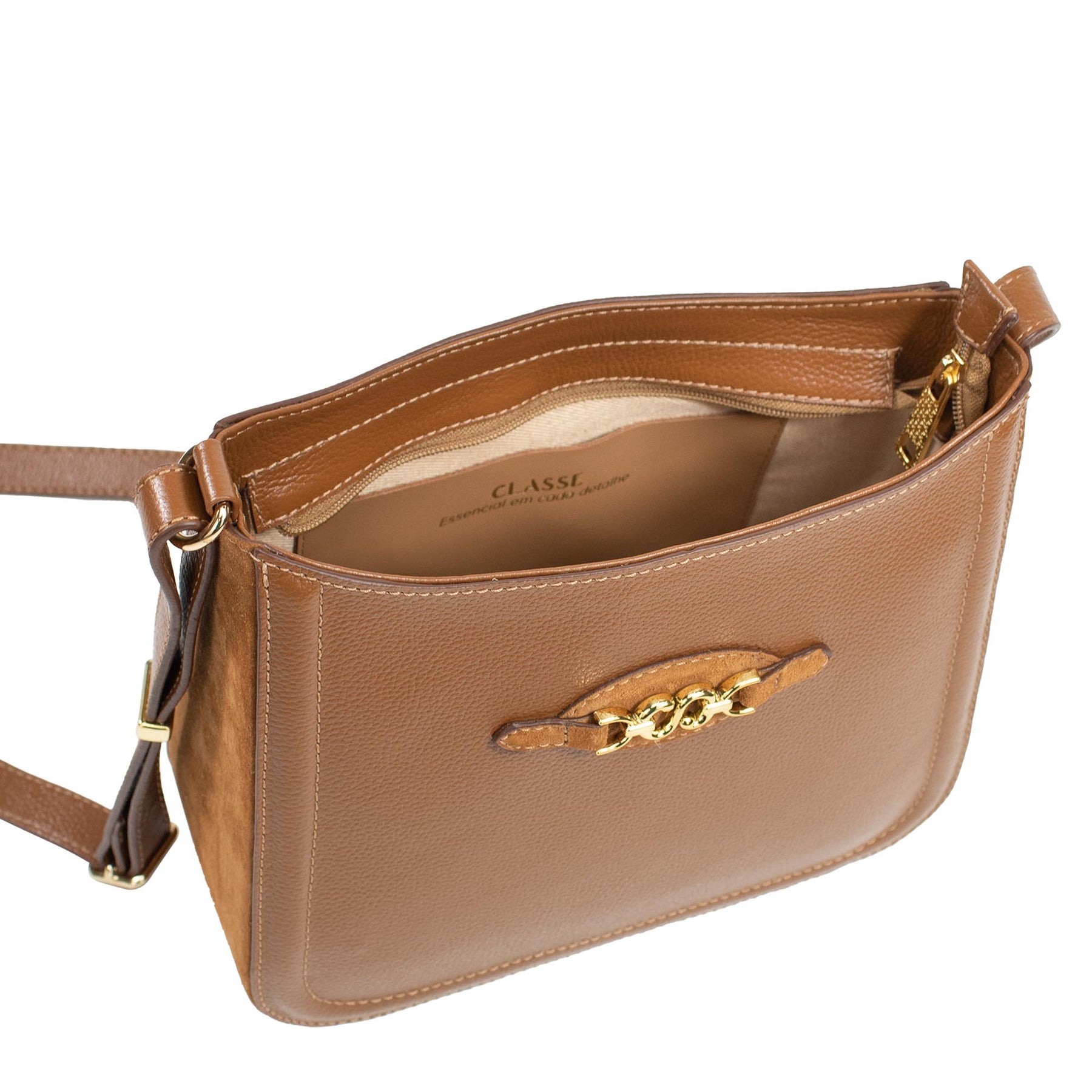 Bolsa de Couro Crossbody Isis Laterais em Camurça- Nocciola Camurça