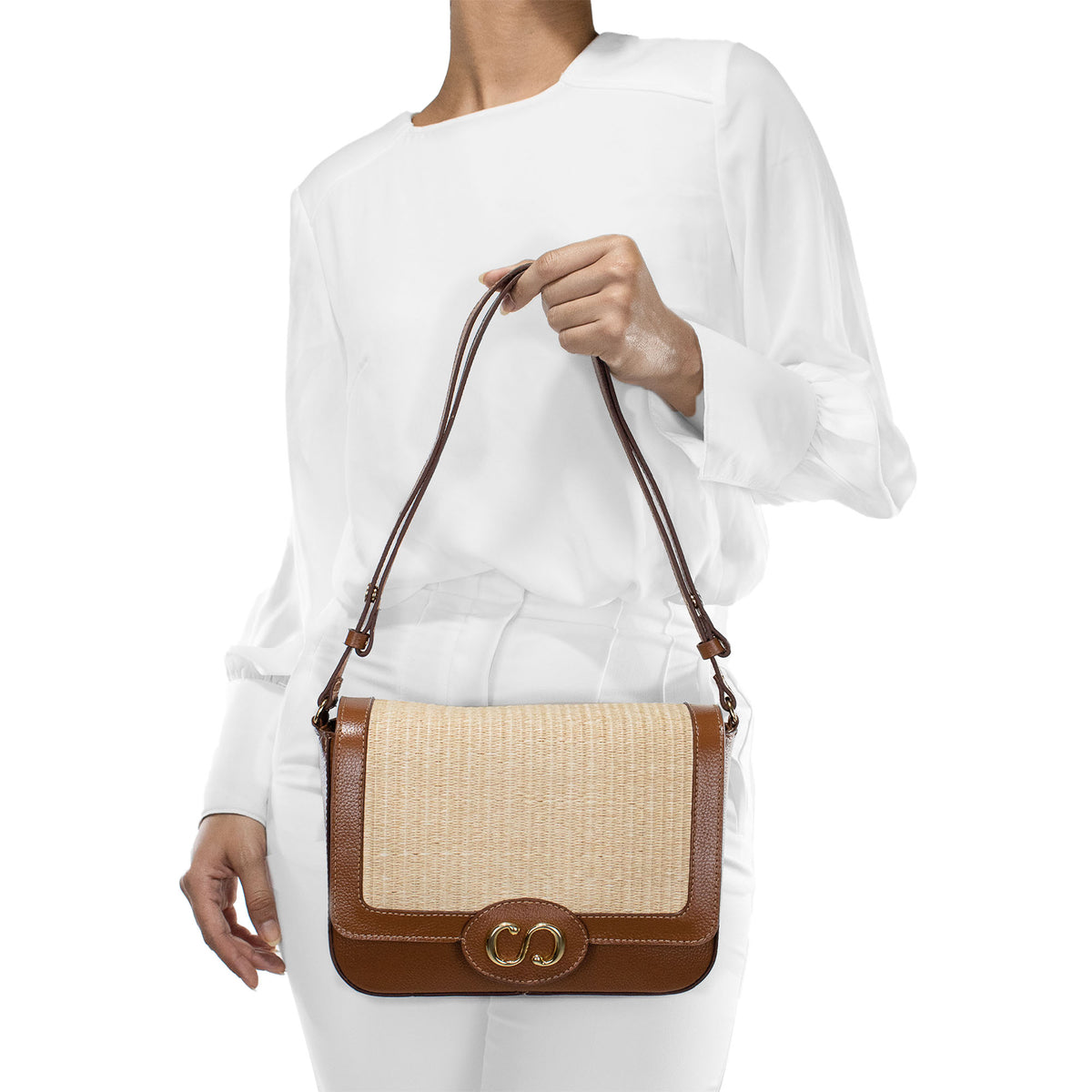 Bolsa Tiracolo de Couro Maiorca - Tramado Palha Nocciola