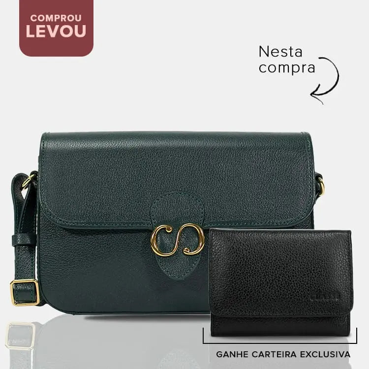 Combo 01 Bolsa de Couro Tiracolo Emily na cor eucalipto e acompanha uma carteira de couro