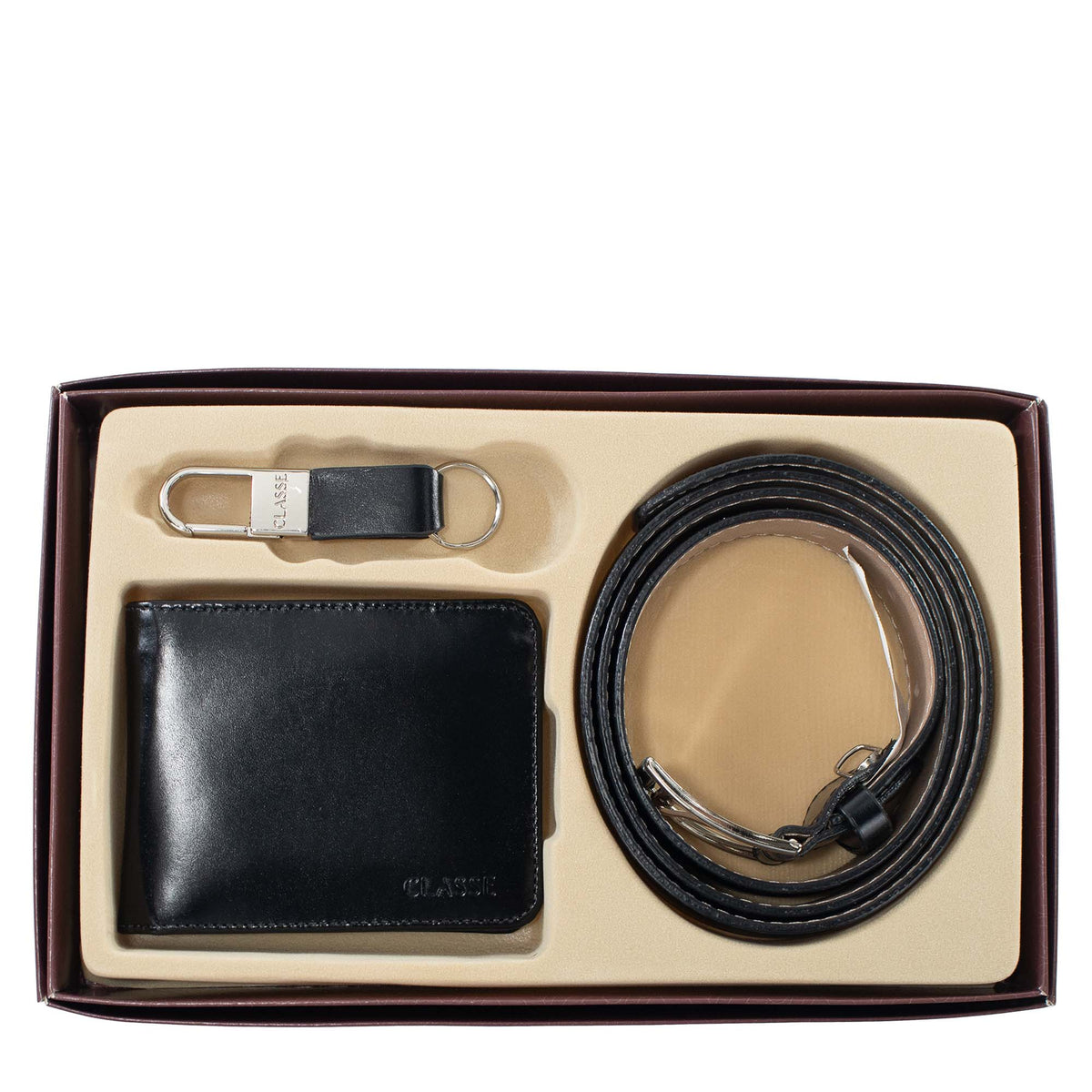 Kit 01 Social Masculino: Carteira de Couro, Cinto e Chaveiro.
