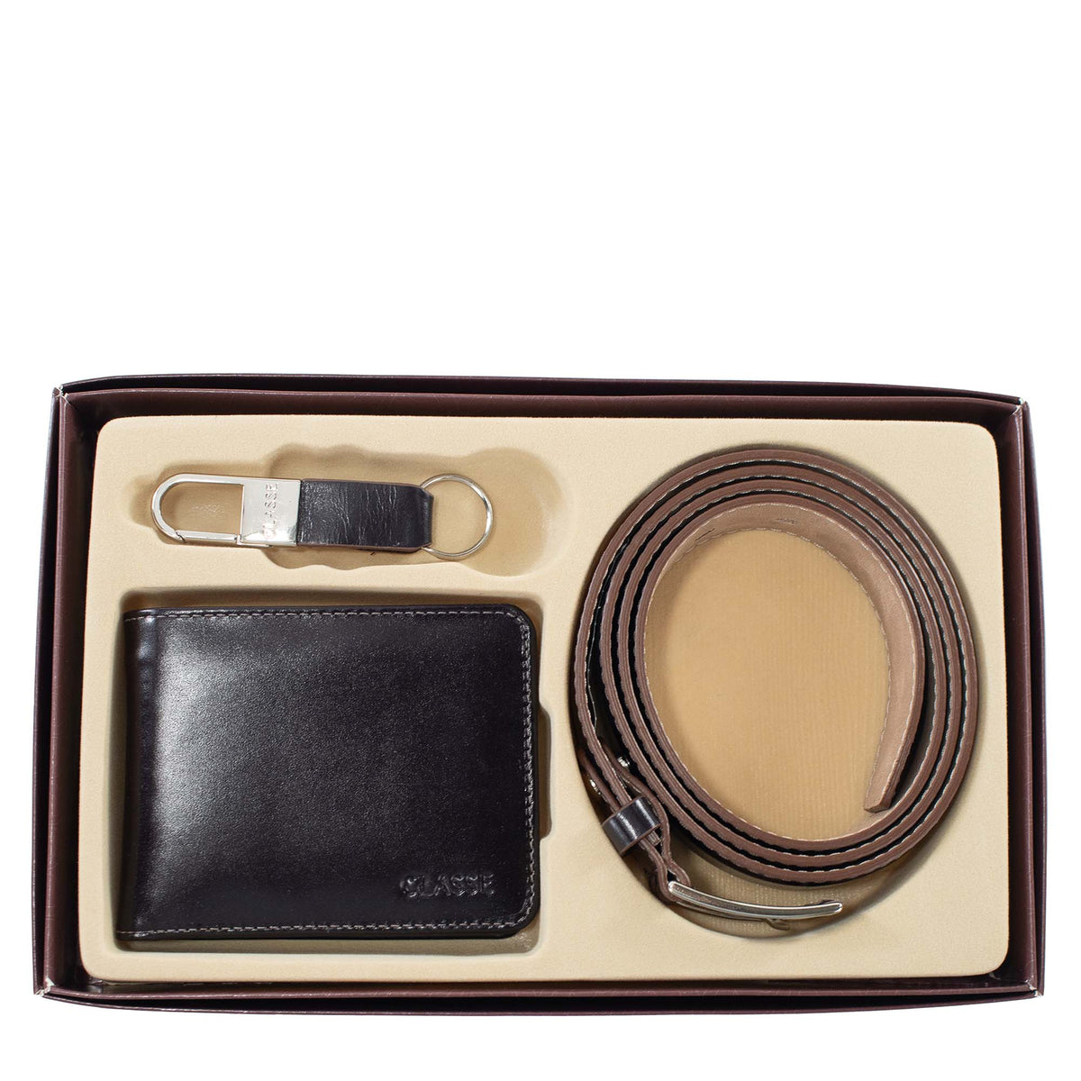 Kit 01 Social Masculino: Carteira de Couro, Cinto e Chaveiro.