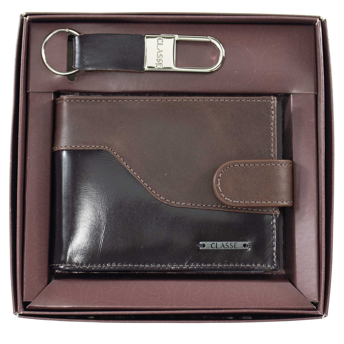 Mini Kit Social CB Masculino De Couro: Carteira com Botão e Chaveiro.