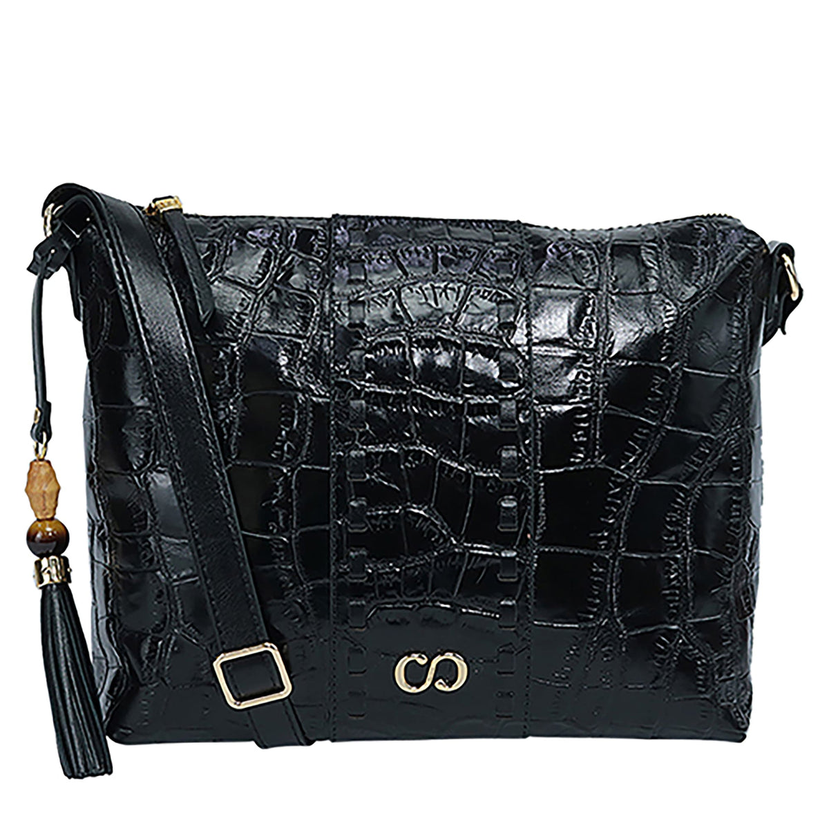 Bolsa Crossbody de Couro Croco - Preto