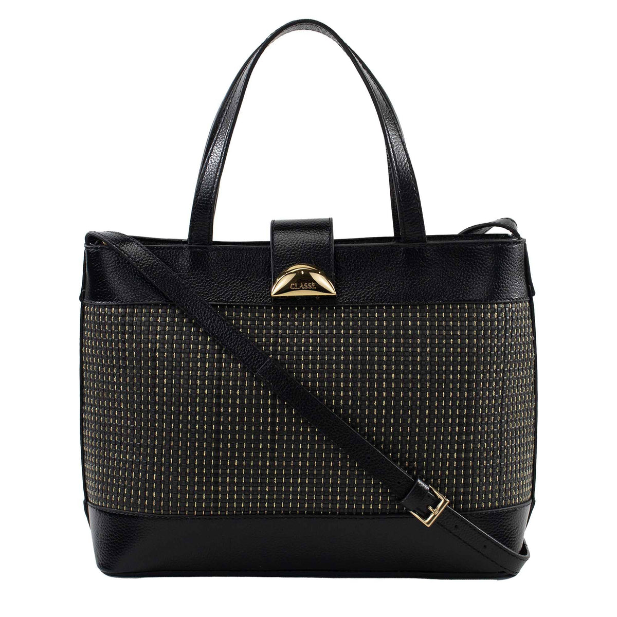Bolsa Tote de couro Lídia - Tramado Preto/Preto