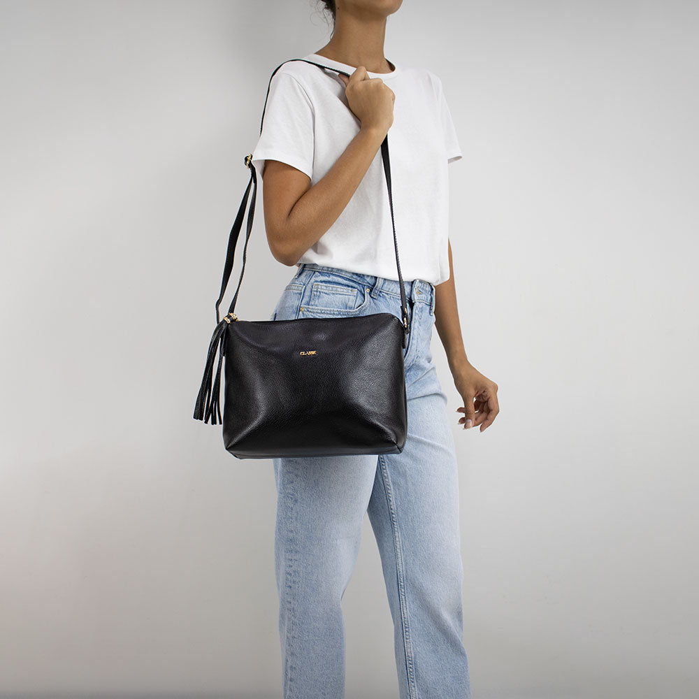 Bolsa Crossbody de Couro Liso - Preto