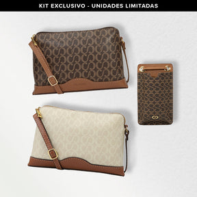 Kit: 01 Bolsa Crossbody Canvas Marrom/Nocciola + 01 Bolsa Crossbody Canvas Creme/Nocciola + Porta Celular Marrom