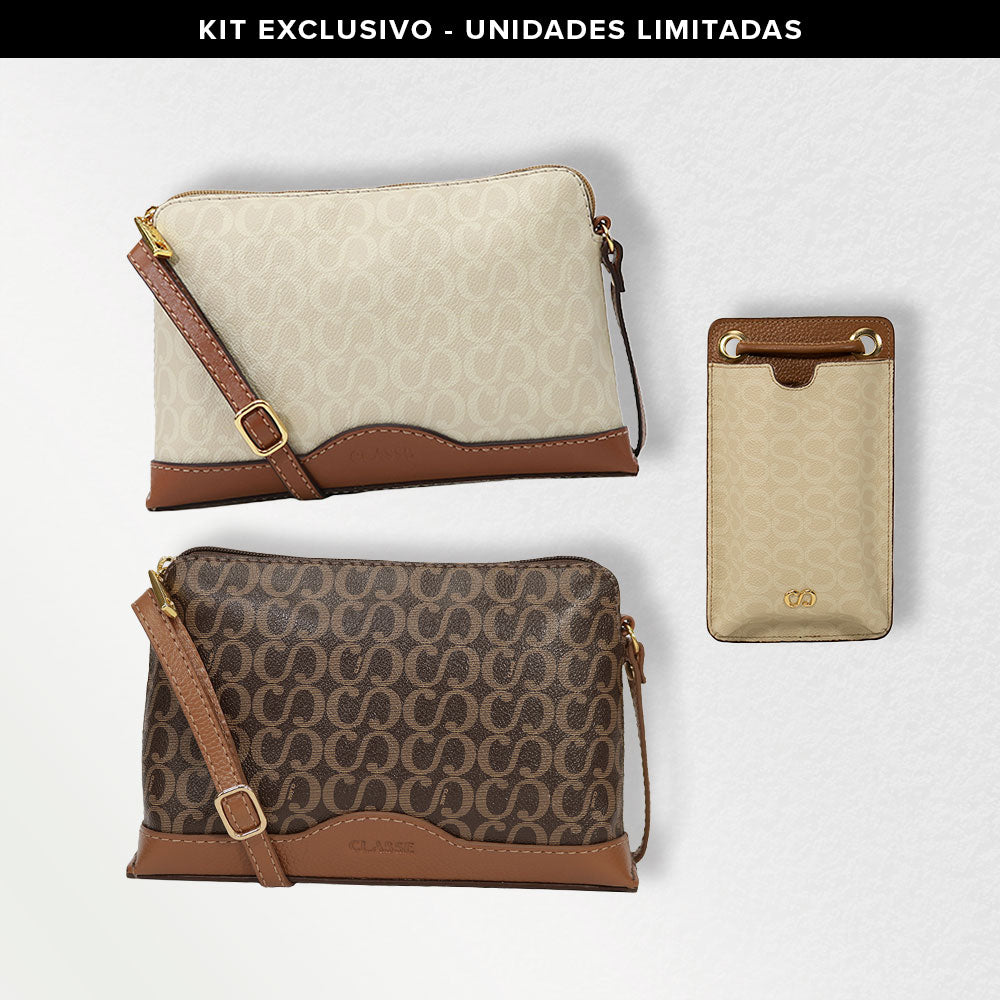 Kit: 01 Bolsa Crossbody Canvas Creme/Nocciola + 01 Bolsa Crossbody Canvas Marrom/Nocciola + 01 Porta Celular Creme