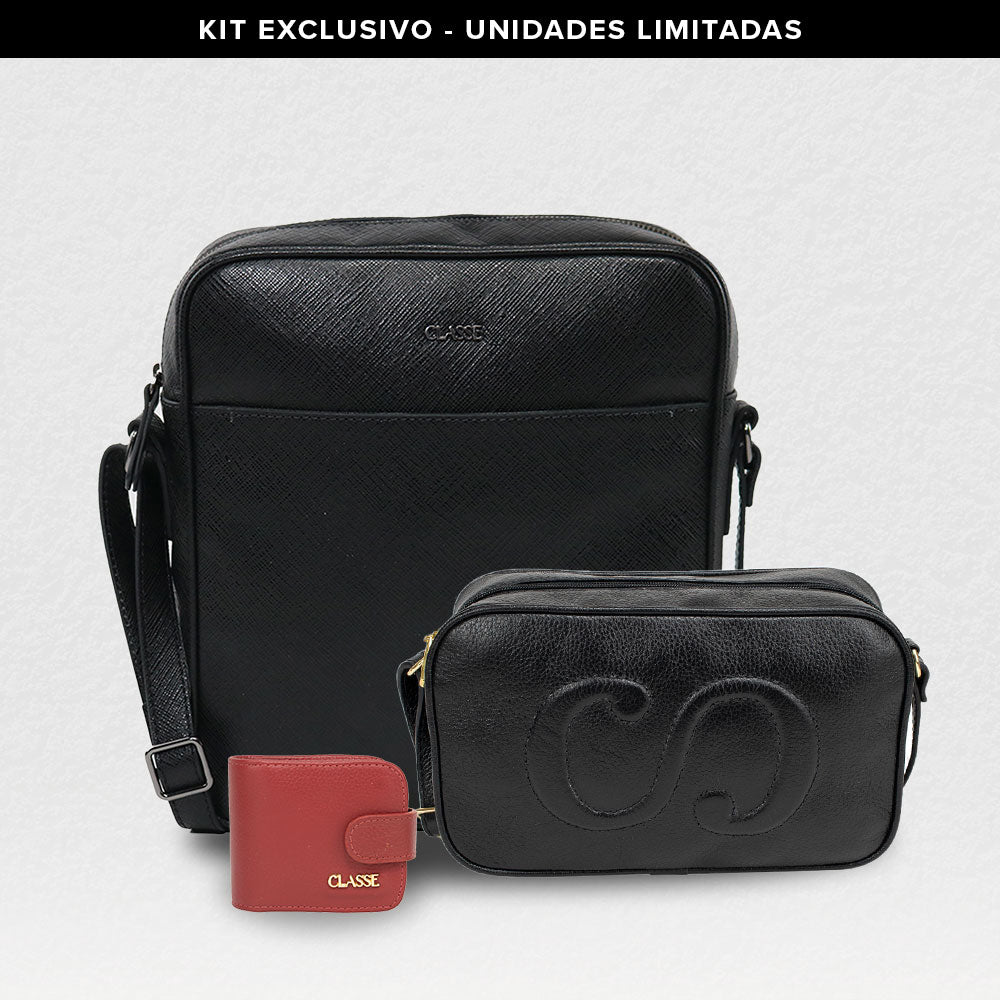 Kit: 01 Bolsa de Couro Camera Bag Carol - Preto + 01 Shoulder Bag Masculina de Couro - Black + Porta Batom