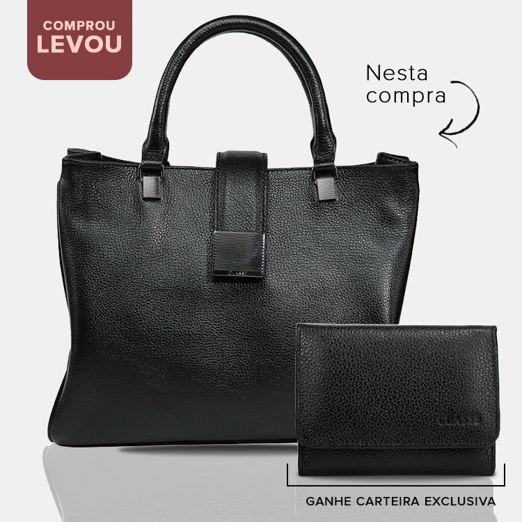 Combo: 01 Bolsa de Couro Tote BELLE - Preto Composto + Carteira exclusiva