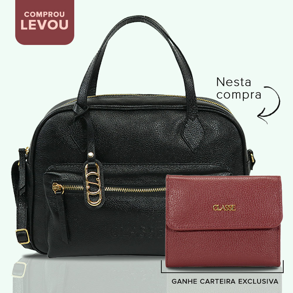 Combo: 01 Bolsa de Couro Camera Bag Malu - Preto + Carteira Exclusiva