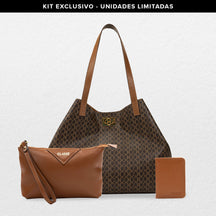 Kit: 01 Bolsa Shopping Bag Canvas - Marrom + 01 Necessaire Exclusiva - Marrom + 01 Porta Cartão Exclusivo - Marrom