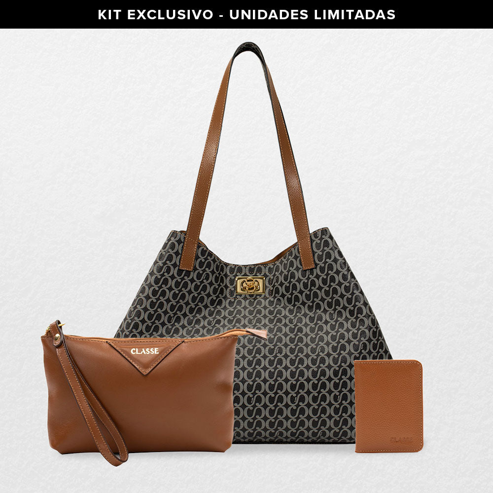 Kit: 01 Bolsa Shopping Bag Canvas - Preto+ 01 Necessaire Exclusiva - Marrom + 01 Porta Cartão Exclusivo - Marrom