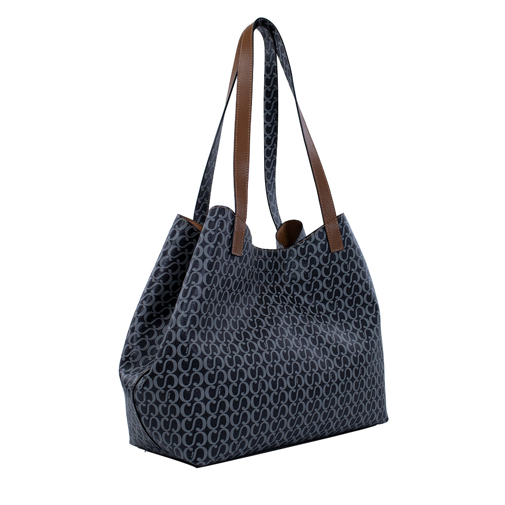 Kit: 01 Bolsa Shopping Bag Canvas - Preto+ 01 Necessaire Exclusiva - Marrom + 01 Porta Cartão Exclusivo - Marrom