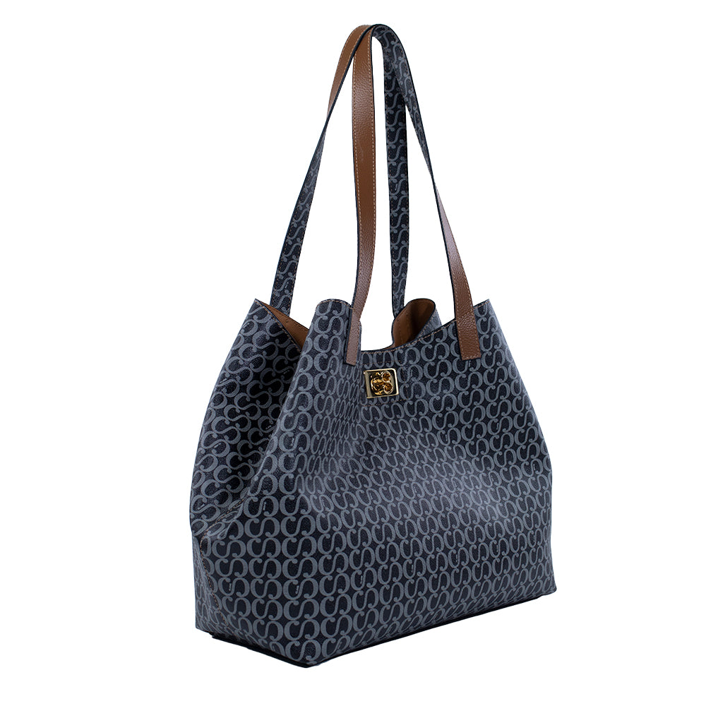 Kit: 01 Bolsa Shopping Bag Canvas - Preto+ 01 Necessaire Exclusiva - Marrom + 01 Porta Cartão Exclusivo - Marrom