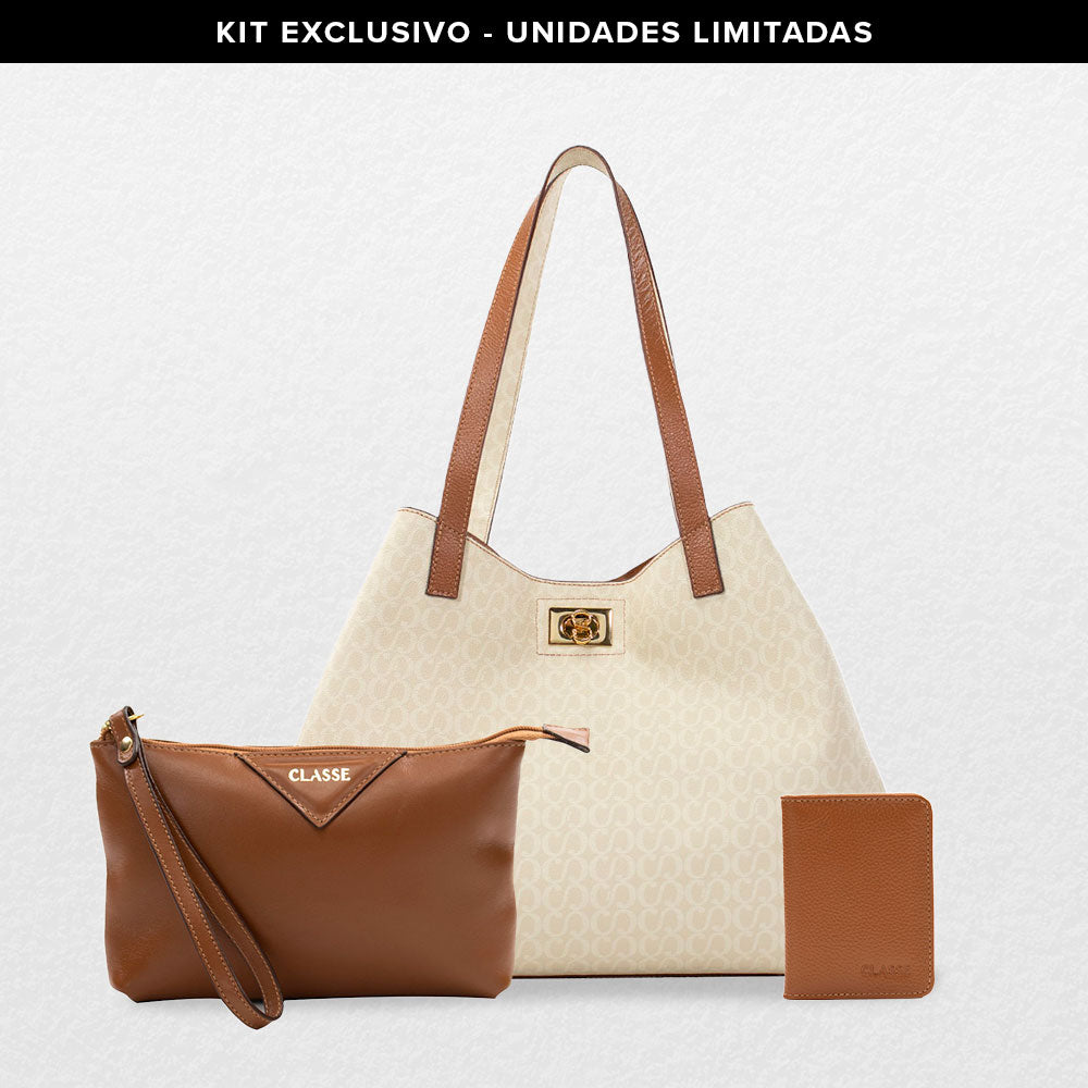 Kit: 01 Bolsa Shopping Bag Canvas - Creme + 01 Necessaire Exclusiva - Marrom + 01 Porta Cartão Exclusivo - Marrom