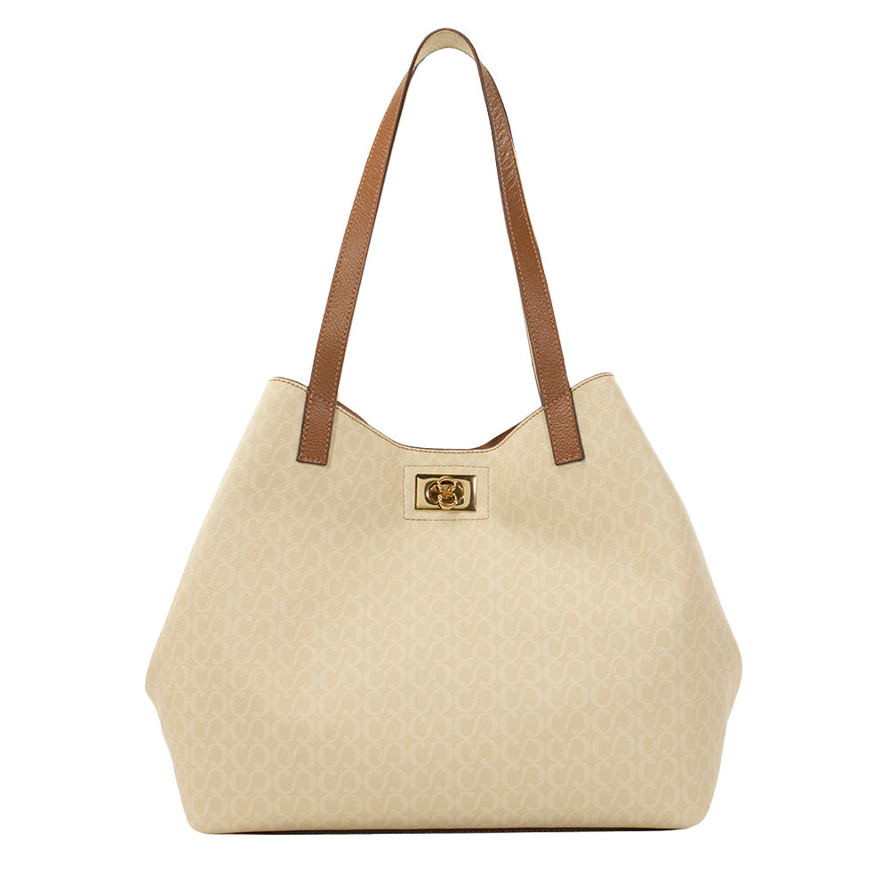 Kit: 01 Bolsa Shopping Bag Canvas - Creme + 01 Necessaire Exclusiva - Marrom + 01 Porta Cartão Exclusivo - Marrom