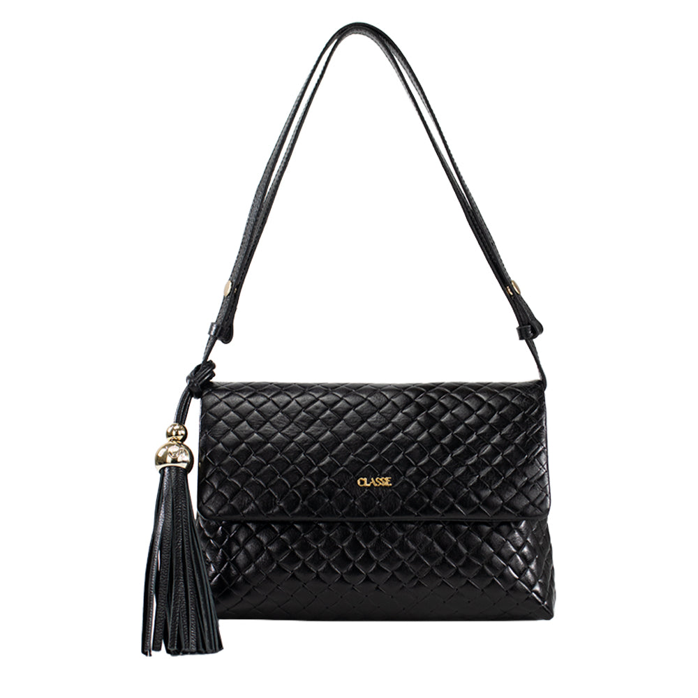 Bolsa de Couro Tressê Tiracolo Fendi - Tramado Preto