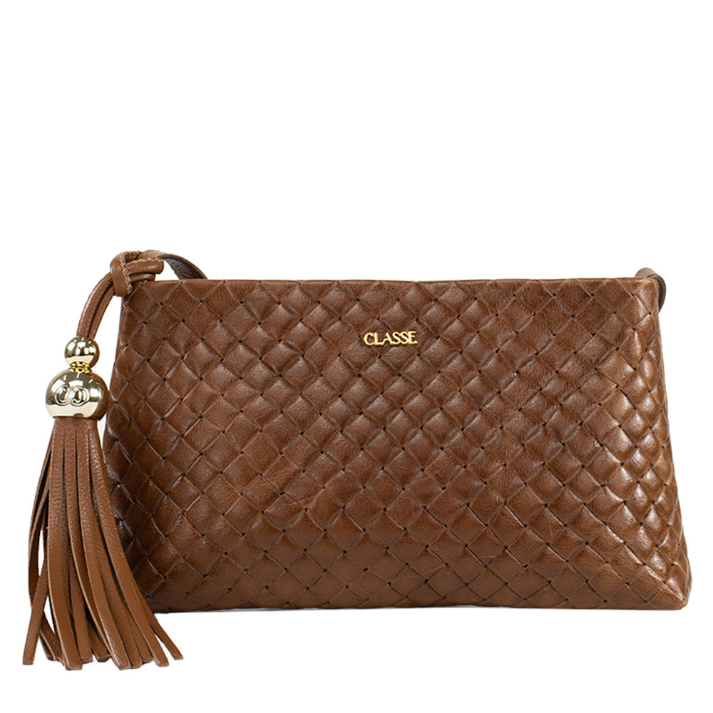 Bolsa de Couro Tressê Crossbody Fendi - Nocciola
