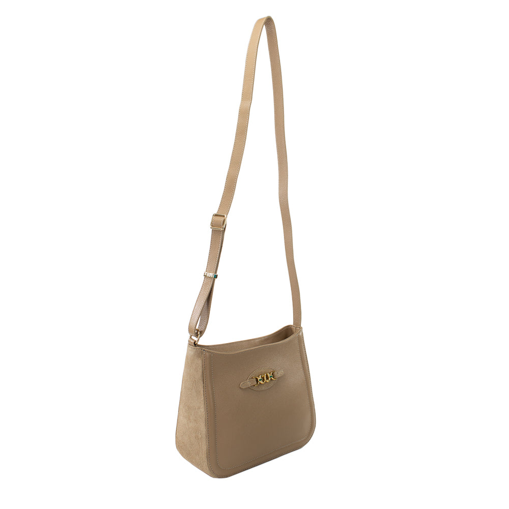 Bolsa de Couro Crossbody Isis Laterais em Camurça - Camel Camurça Avelã