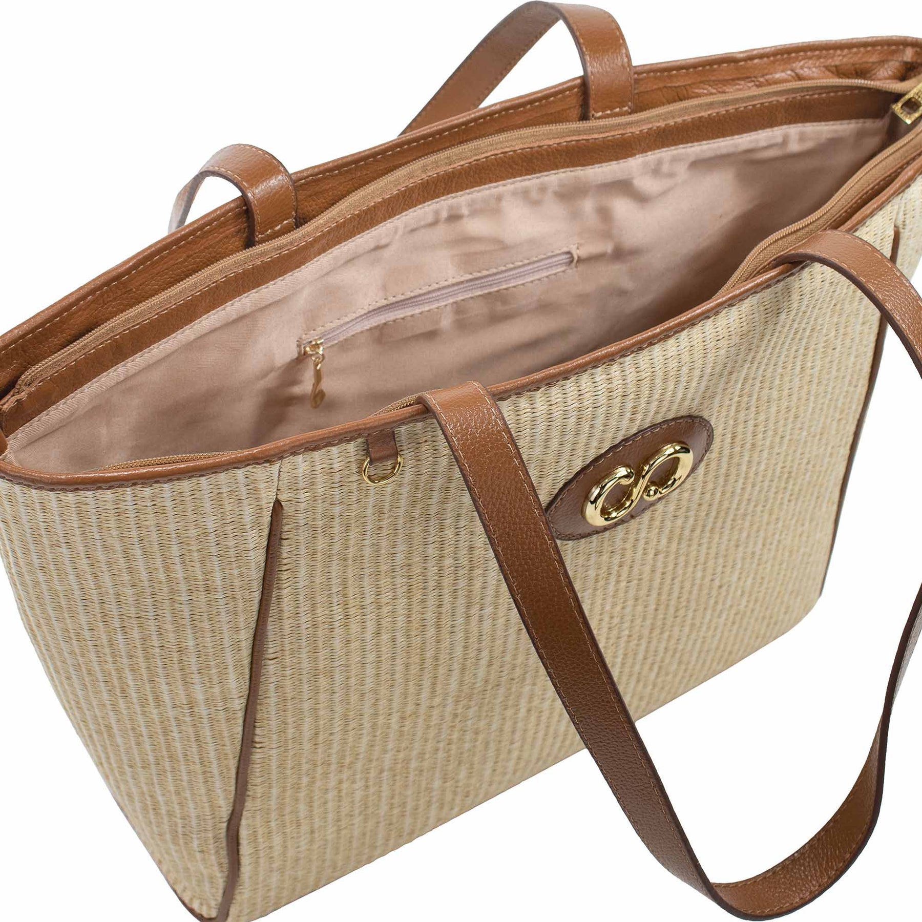 Bolsa Shopping Bag de couro Maiorca - Tramado Palha Nocciola