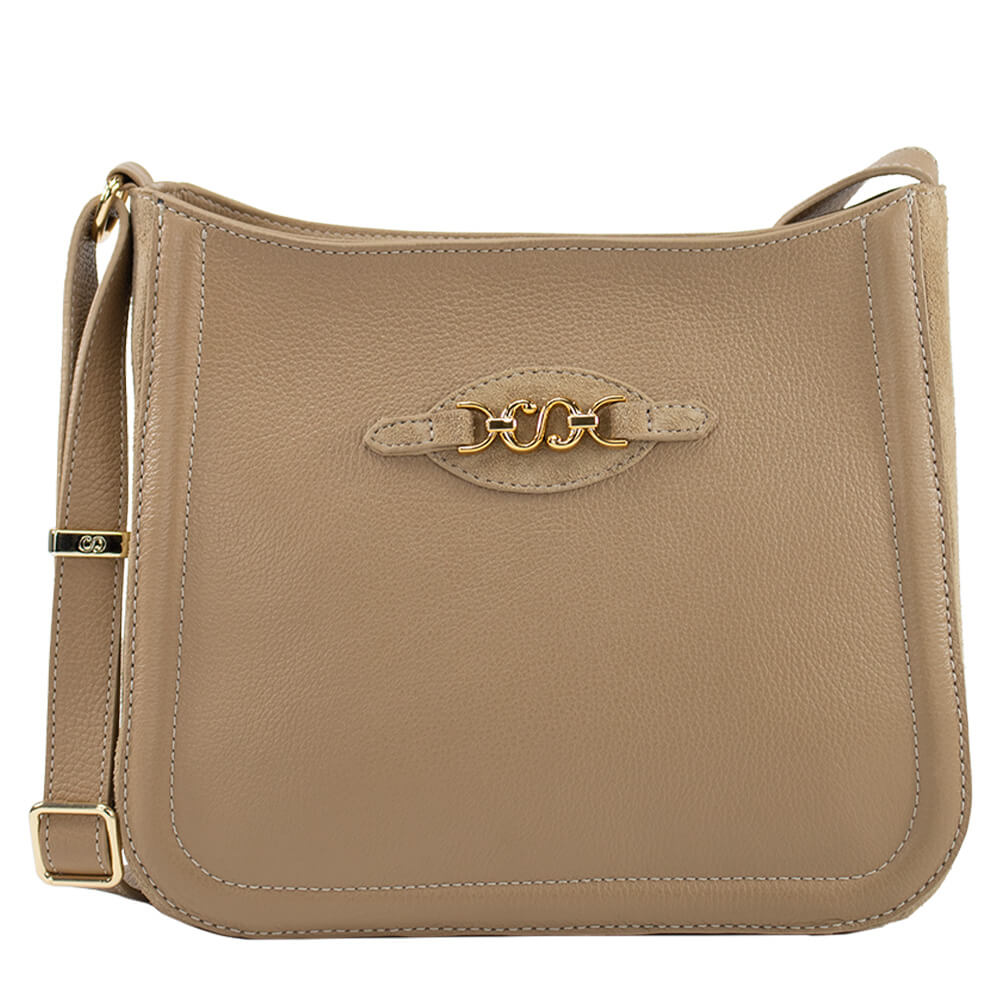 Bolsa de Couro Crossbody Isis Laterais em Camurça - Camel Camurça Avelã