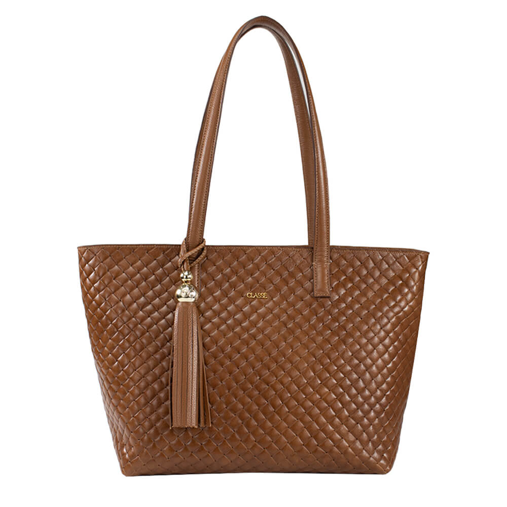 Bolsa de Couro Tressé Shopping Bag Fendi - Tramado Nocciola