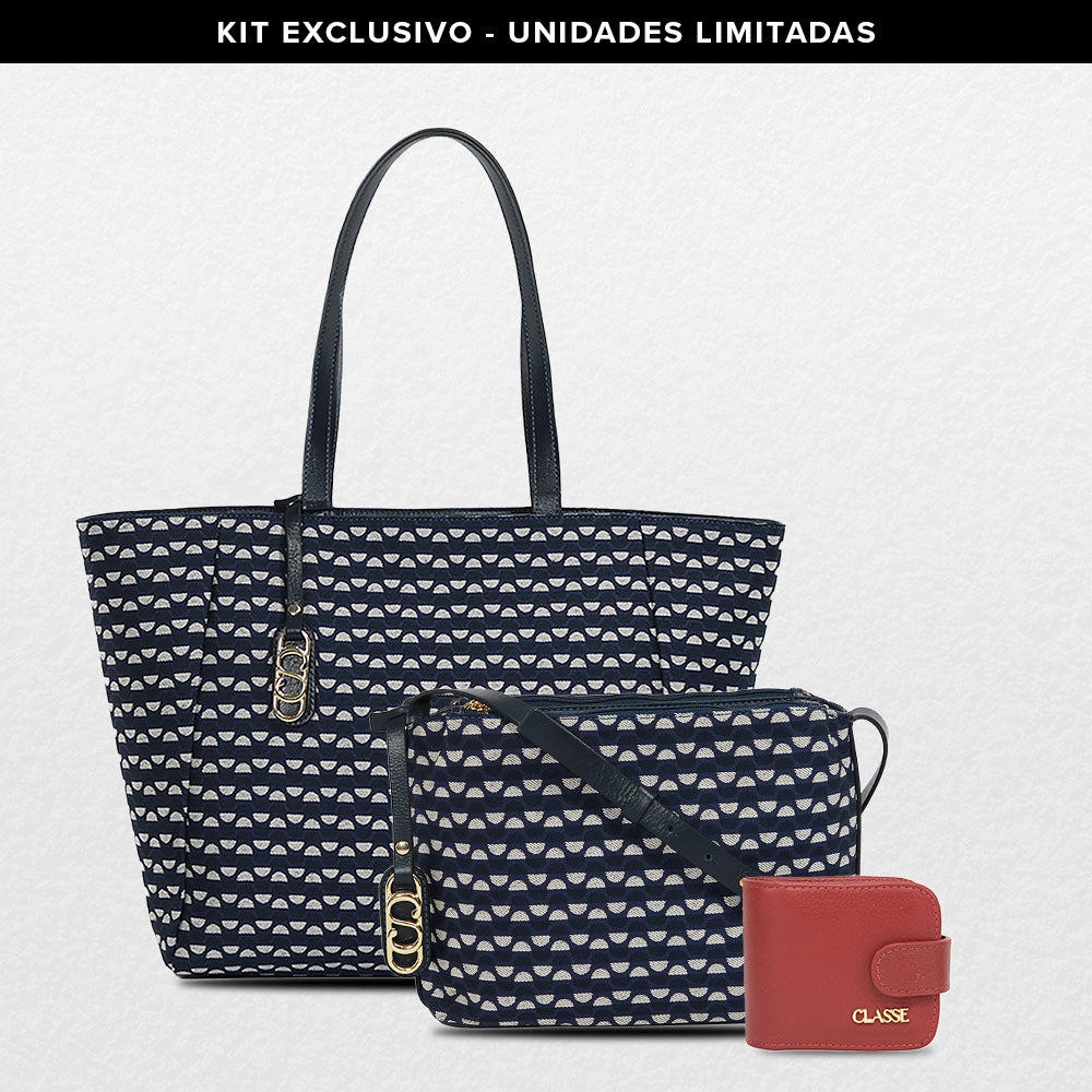 Kit: 01 Bolsa Crossbody Mileide - Marinho/Onix + 01 Bolsa Shopping Bag Mileide - Marinho/Onix + Porta Batom Exclusivo!